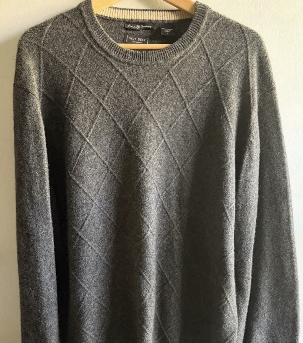 WH Belk Cashmere Sweater Mens Large Gray Diamond Textured 2 Ply Crewneck Knit L